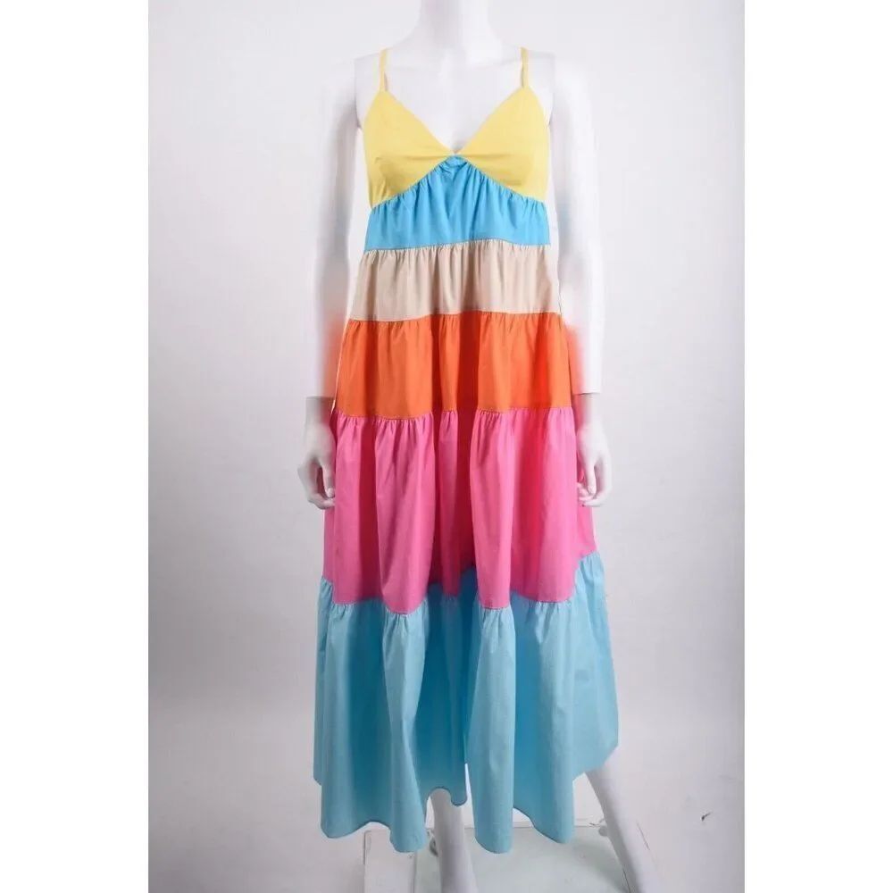 STAUD Womens Cleo Tiered Color Block Midi Dress Rainbow MulticolorβNWT